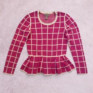 Banana Republic pink & white checkered cotton sweater peplum top